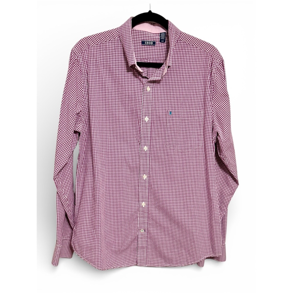 IZOD Mens Sz-Large Long Sleeve Purple/White Gingham Button Down Shirt Adj Cuffs